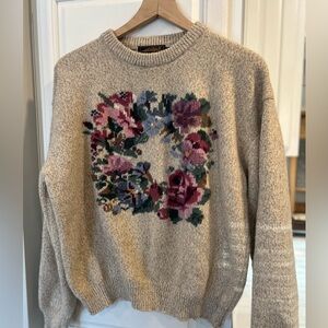 Vintage Wool Eddie Bauer Cream Sweater with Floral Design